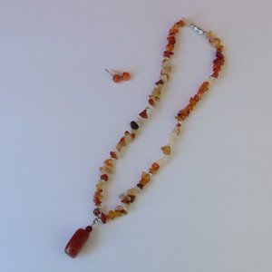 Calcite Stones Beaded Glass Rock Nugget Necklace Earrings Set Shades of Orange
